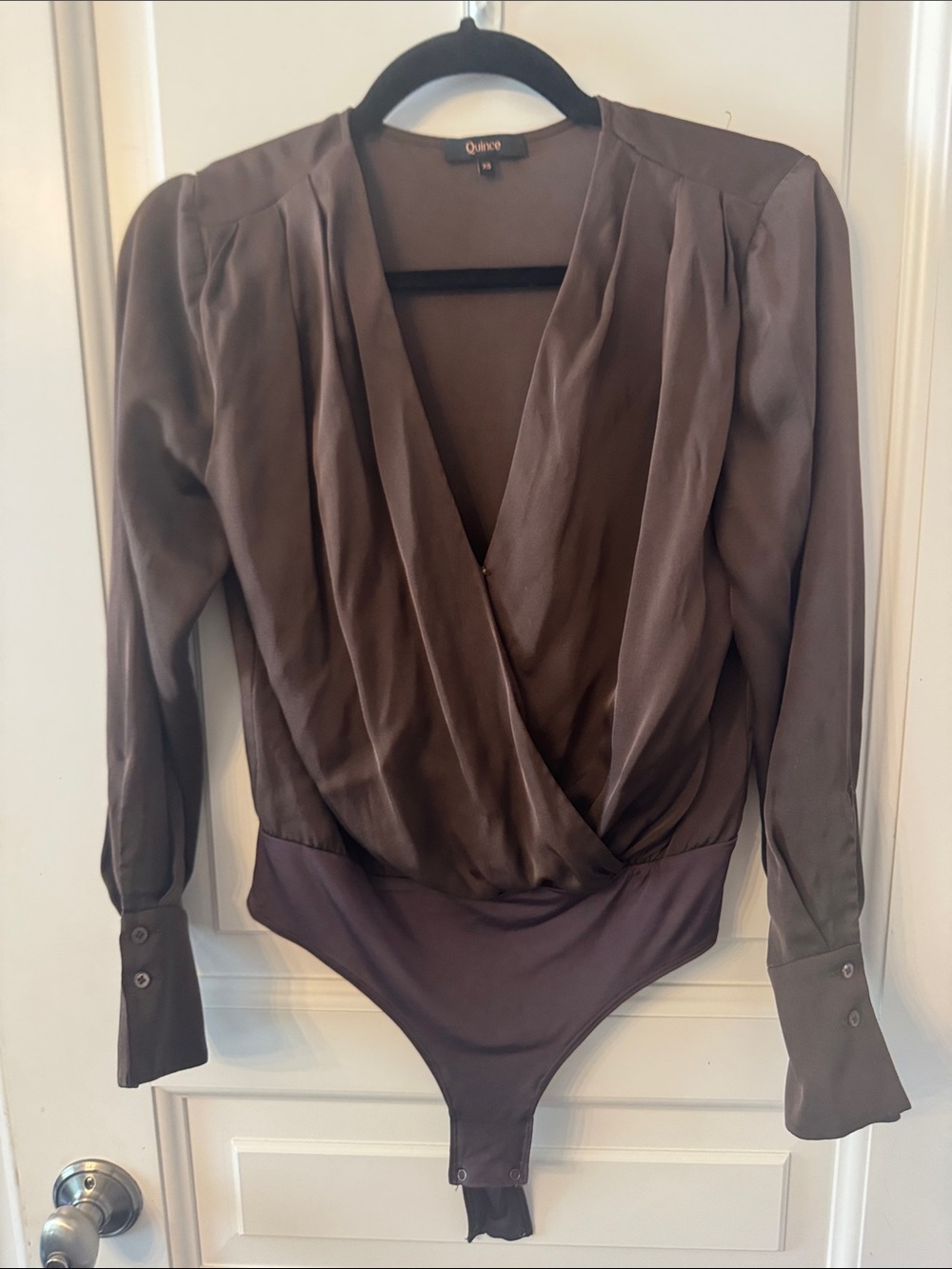 Quince Taupe Satin Surplice Long-Sleeve Bodysuit